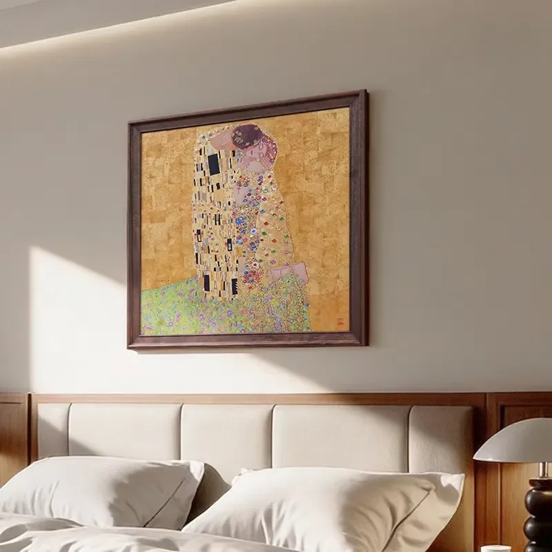 Klimt Handmade Brass Art Portrait Painting Walnut Wood Gemstones Home Decoration Hanging European Style Square Design Wall