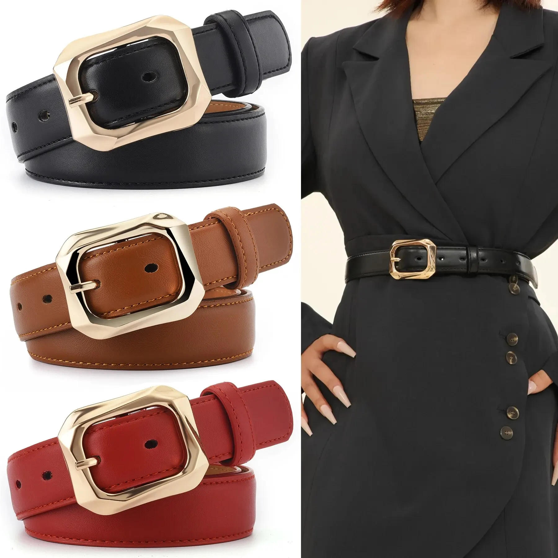 1pc New Women's Belt Fashion Gold Alloy Buckle Belt High Grade Soft PU Leather Belt Trend Paired with Coat Jeans Belt Lady Belt