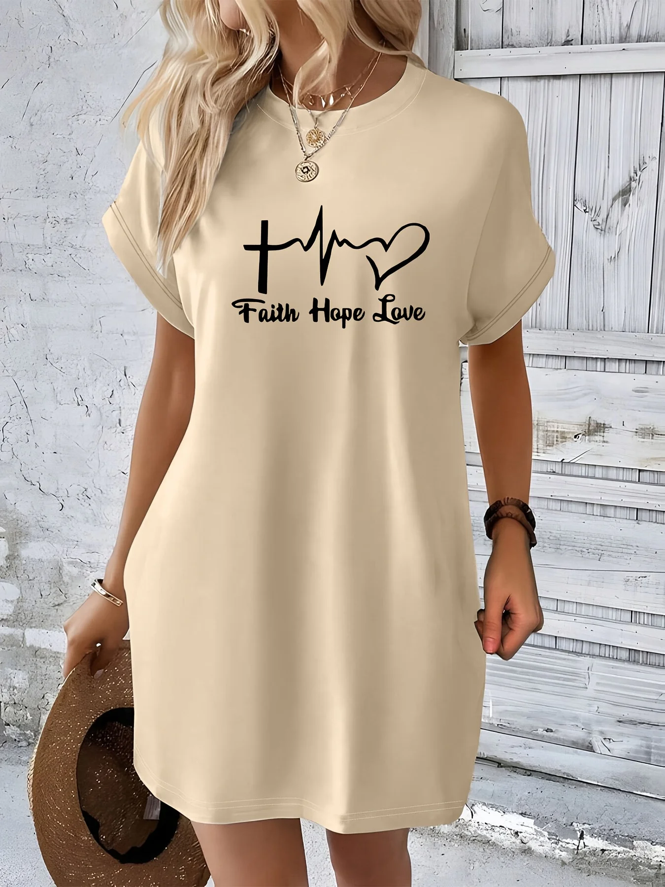 Robe t-shirt à manches courtes et col rond pour femmes, décontractée, foi, espoir, amour, imprimé, graphique, coupe ample, printemps et été