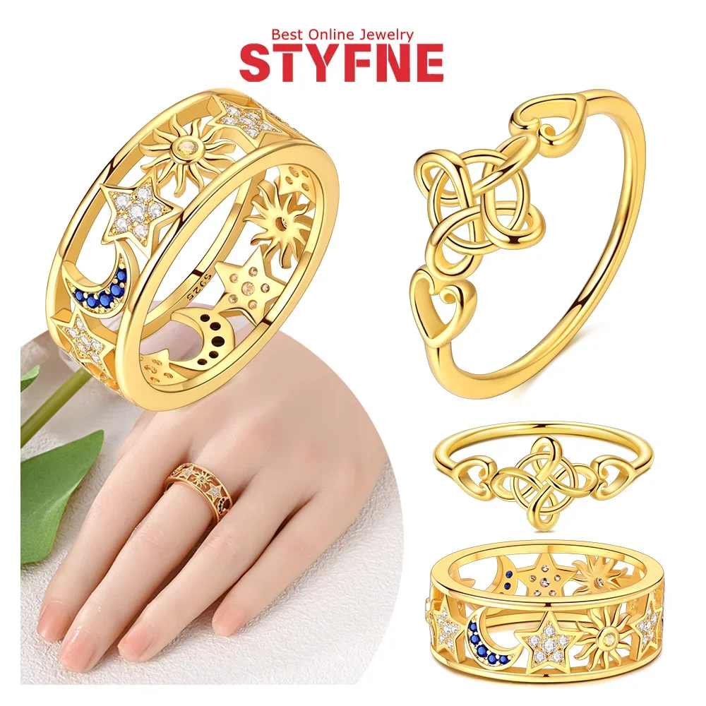 

Ring 925 Sterling Silver Gold Moon and Stars Hollow Zircon Ring Celtic Knot Ring for Women Party Birthday Jewelry Gift