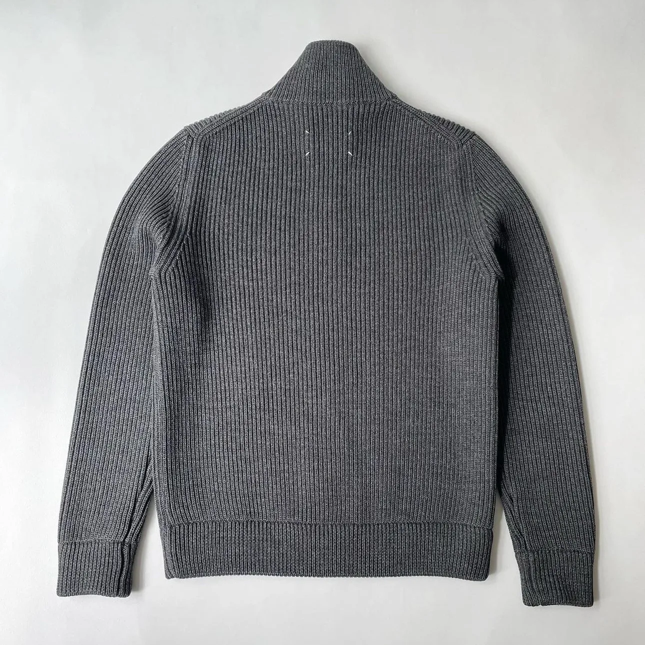 Hand Sewn Four Cornered Gray High Neck Stand Up Collar Wool Double Zipper Knitted Cardigan Sweater Jacket for Men