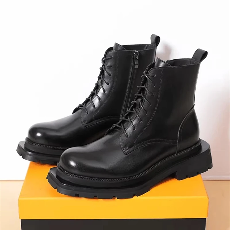 New Fashion Men Ankle Boots Genuine Leather Thick Sole Luxury Motorcycle Boots Street Youth Tide Shoes Outdoor Tooling Boots