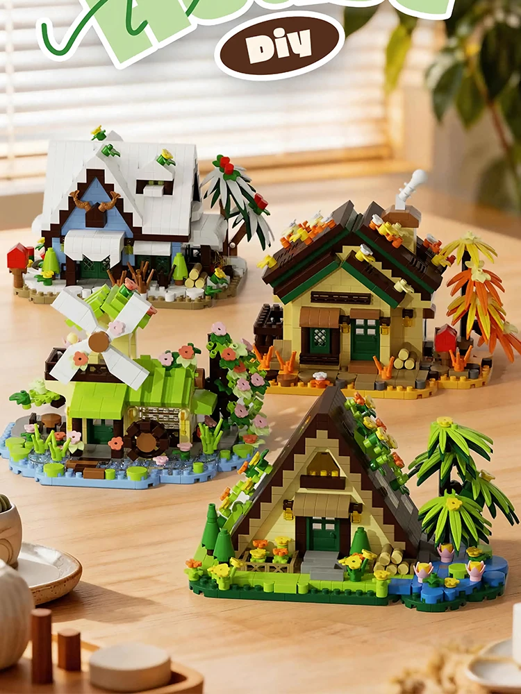 City Street Scene Building Blocks Mini Forest Cabin Greenhouse Windmill Tree House DIY Building Toy for Children Christmas Gifts