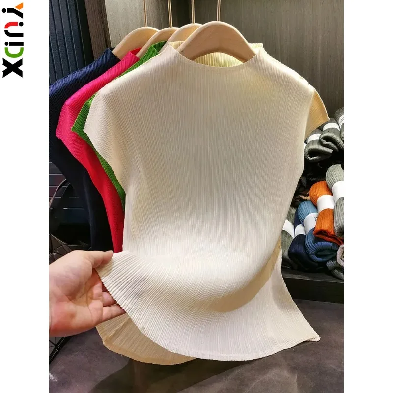 Miyake Versatile Classic Simple Solid Color Stand Up Collar Pleated Top Women Slim Slim Short Sleeve Miyake T-shirt Summer 2024