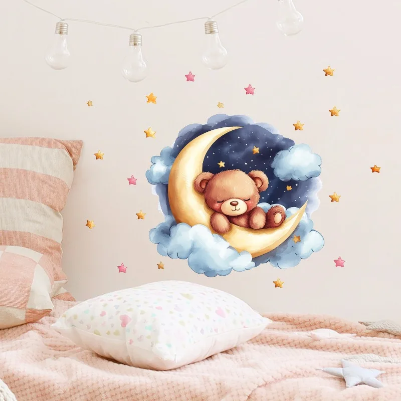 Self Adhesive Cartoon Star Good Night Little Bear On The Moon Wall Stickers For Children's Room Home Beautification Decoration