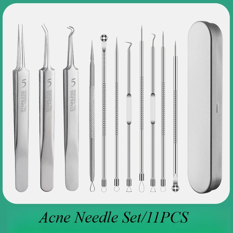 Stainless Steel Ingrown Hair Tweezers Acne Blackhead Removal Needles Black Dots Cleaner Pore Deep Cleansing Face Skin Care Tools