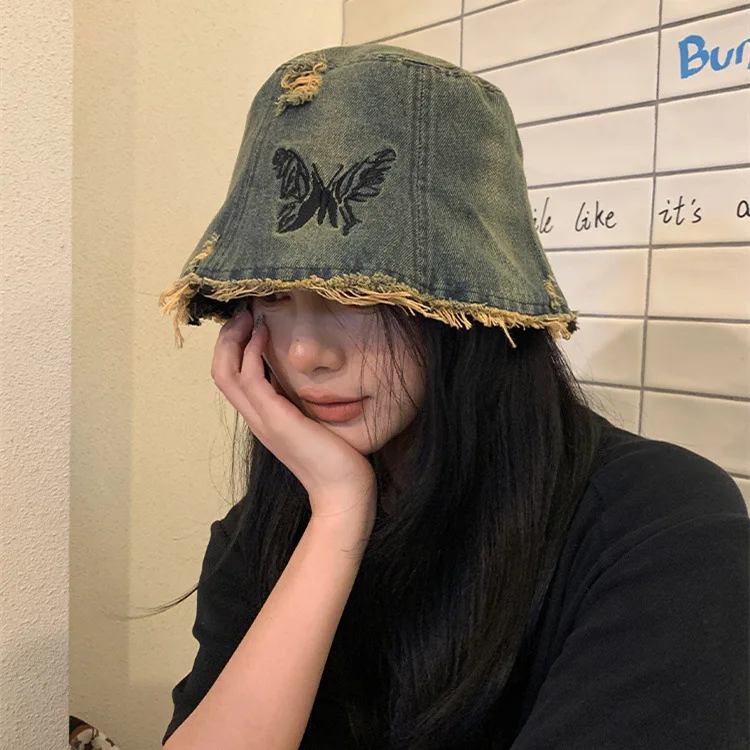 

Distress Denim Buet Hat Women Spring Autumn Embroidery Butterfly Fisherman Hat Large Head Circumference Basin Cap
