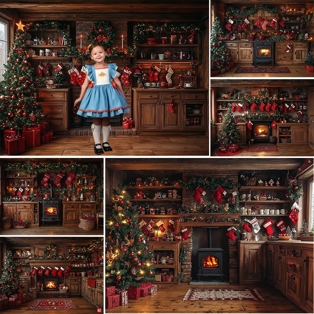 Christmas Kitchen Photography Background Xmas Tree Garland Cabinet Decoration Girl Holiday Photo Portrait Backdrop Studio Props