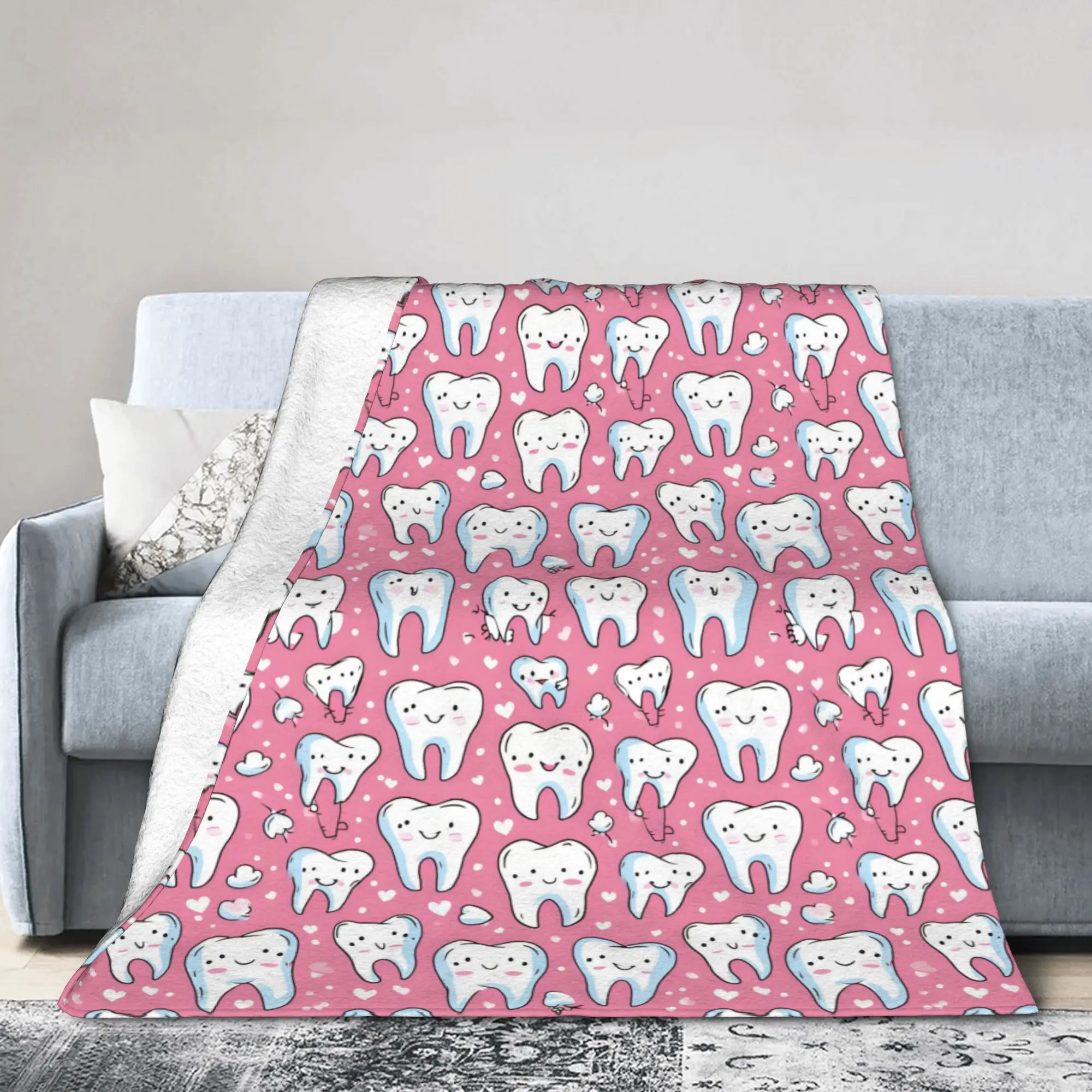 Custom Ultra-Soft Fleece Healthy Teeth Pattern Tooth Throw Blanket Warm Flannel Care Dental Blankets for Bed Travel Couch Quilt