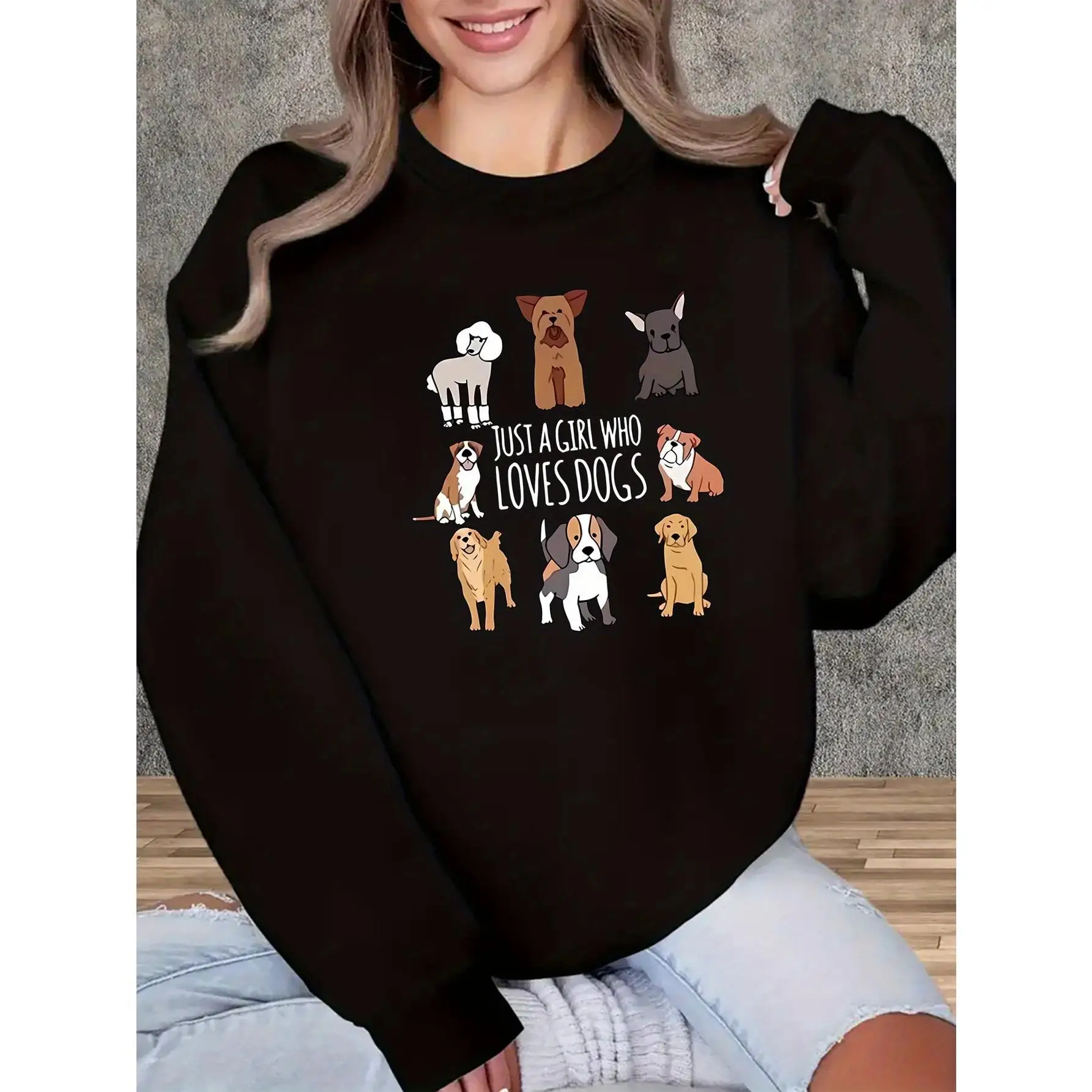 

Women's Dog Lover Sweatshirt | Cute Cartoon Multi Breed Pet Pullover | 'Just A Girl Who Loves Dogs' Casual Animal Gift Top