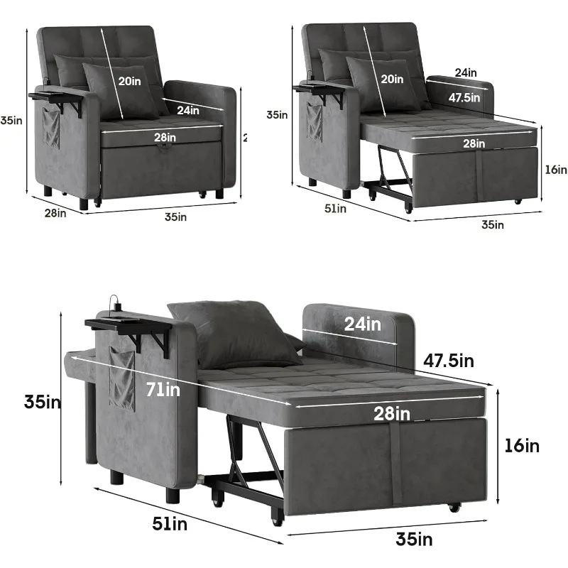 Sofabed chair with wing desk and USB port socket, 3-in-1 Sofabed with two pillows, adjustable back for easy assembly