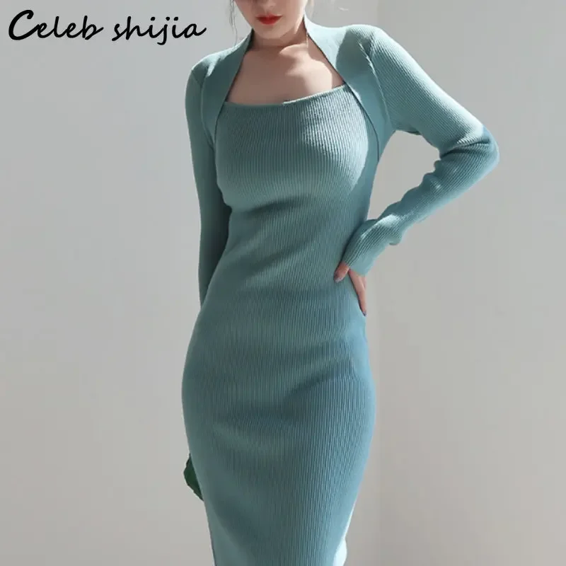 White Chic Knitted Dress Women Raglan Sleeve Autumn Elegant Party Wool Vestido Korean Business Sheath Slim Knitwear Winter