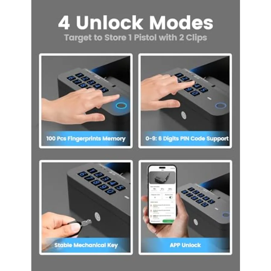 Portable Gun Safe Biometric Pistol Safe Rechargeable 4Ways Unlock APP/Fingerprint/Keyboard/Key 100Fingerprint Memory/Secure Han view 4