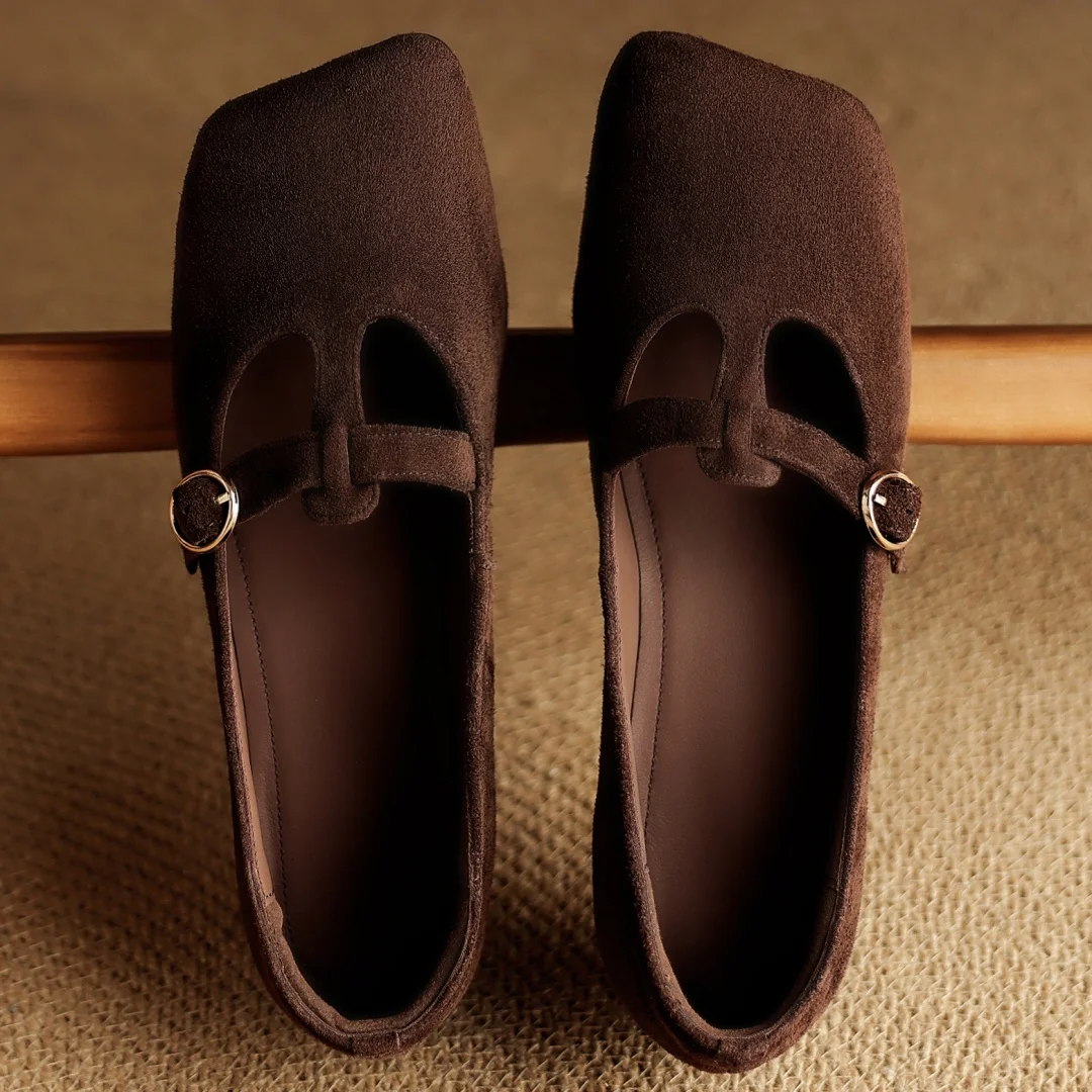 

Женские слипоны на плоской подошве из натуральной замши с квадратным носком и Т-образным ремешком, высококачественные мягкие удобные повседневные женские повседневные тонкие модельные туфли