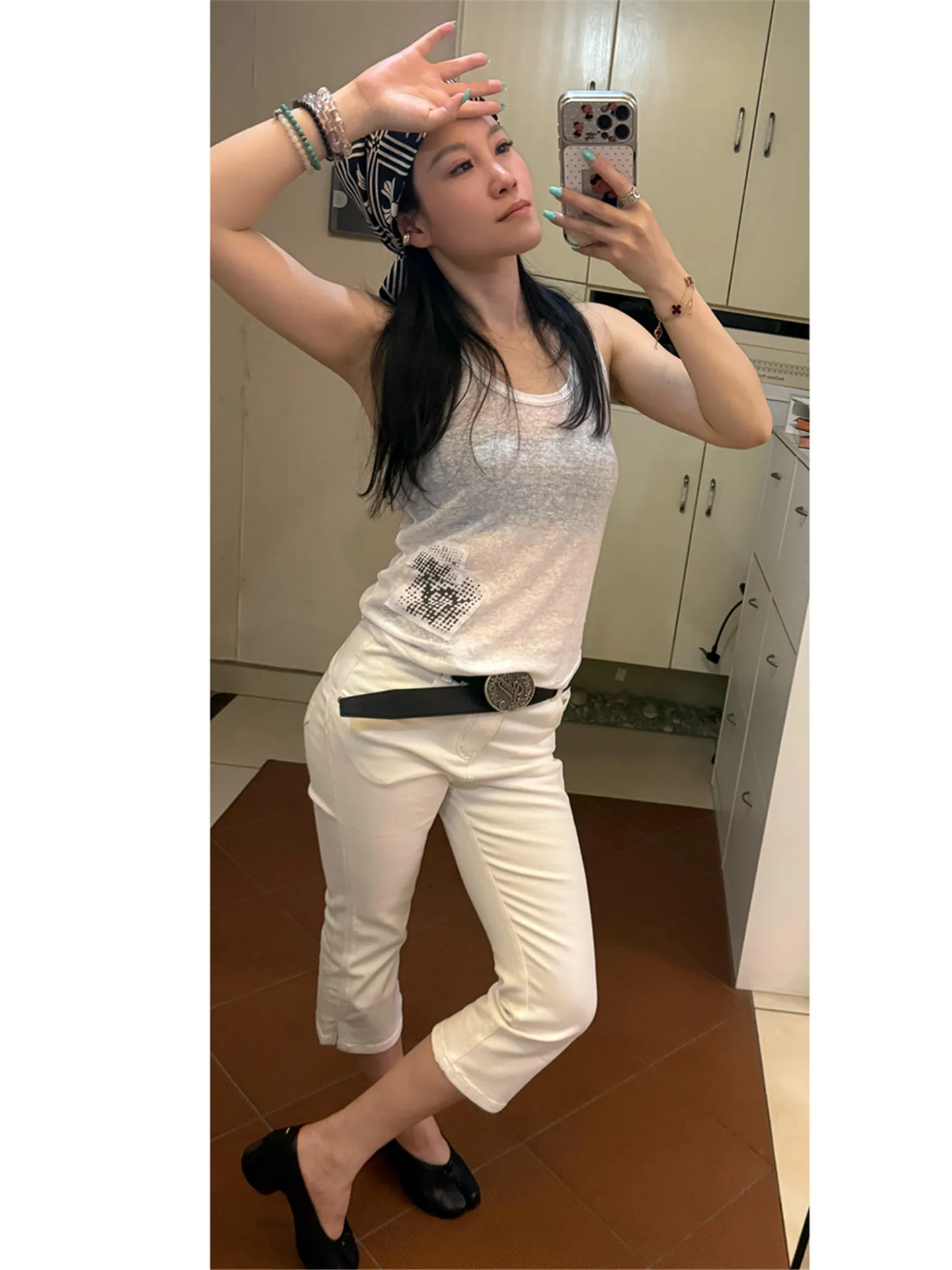 

American Retro White Low Waist Seven-Foot Jeans Women Summer Slimming Washed Design Micro Flared Mid-Pants Cotton Casual