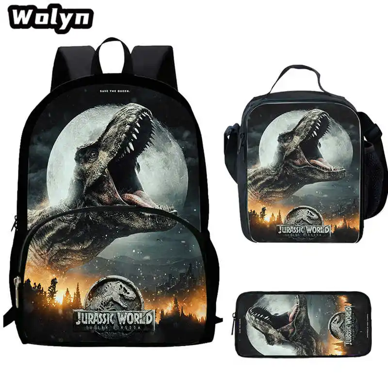 3Pcs Set Dinosaur Mochila Jurassic Backpack with Lunch Bags Pencil Case,Printing Book Bags for Grades1-5 Students Backpacks