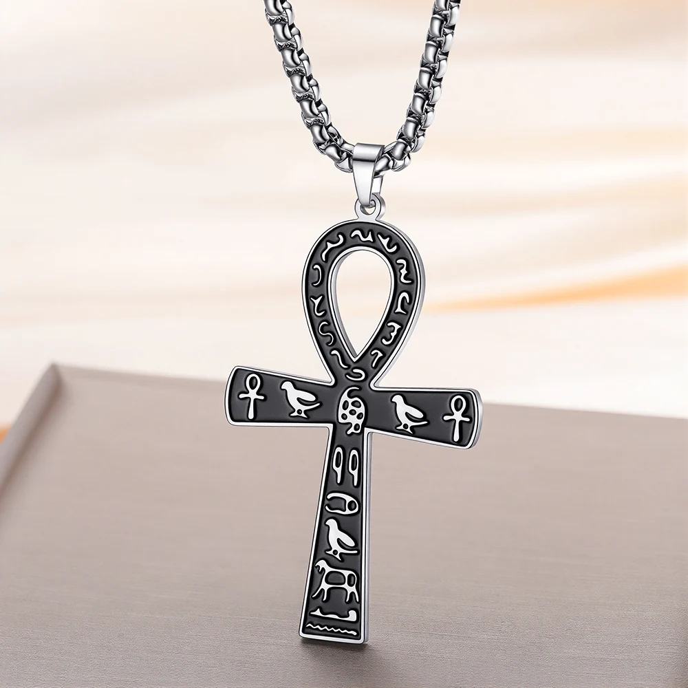 Dawapara Ankh Cross Necklace Key of Life Pendant Egyptian Hieroglyphic Symbol Protection Amulet Stainless Steel Jewelry