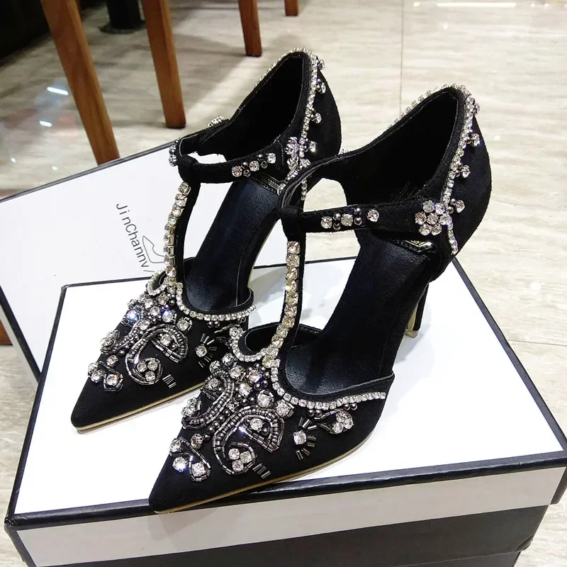 

Rhinestone high heels, women's slim heels, new sexy shallow mouth single shoes, banquet crystal shoes, suede pointed shoes