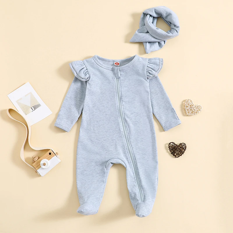 

Newborn Baby Coming Home Outfit Baby Boy Girl Zip Up Jumpsuit Long Sleeve Ruffled Romper Footie Scarf 2pcs