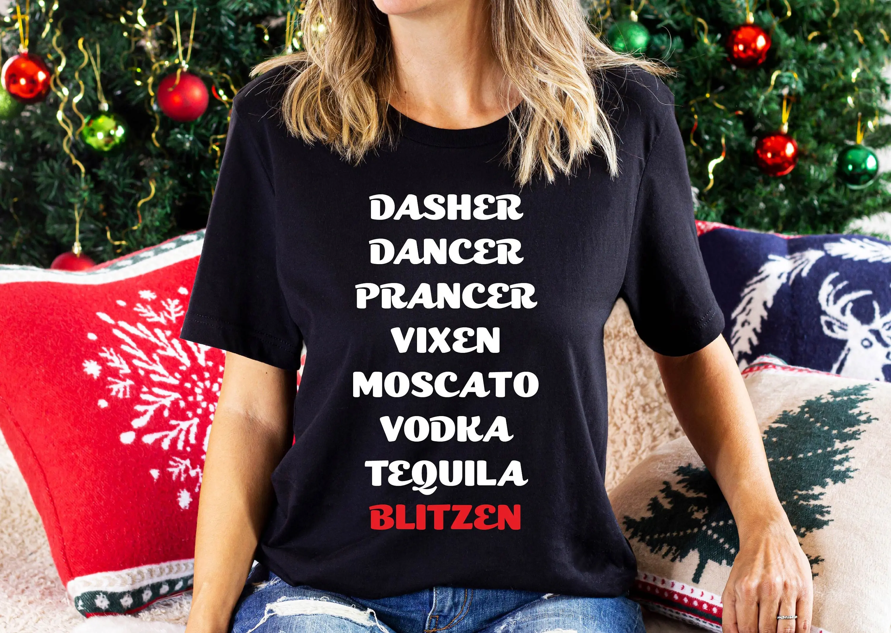 Drinking Christmas T Shirt Holiday Party Funny Dasher Dancer Prancer Vixen Moscato Vodka Tequila Blitzen