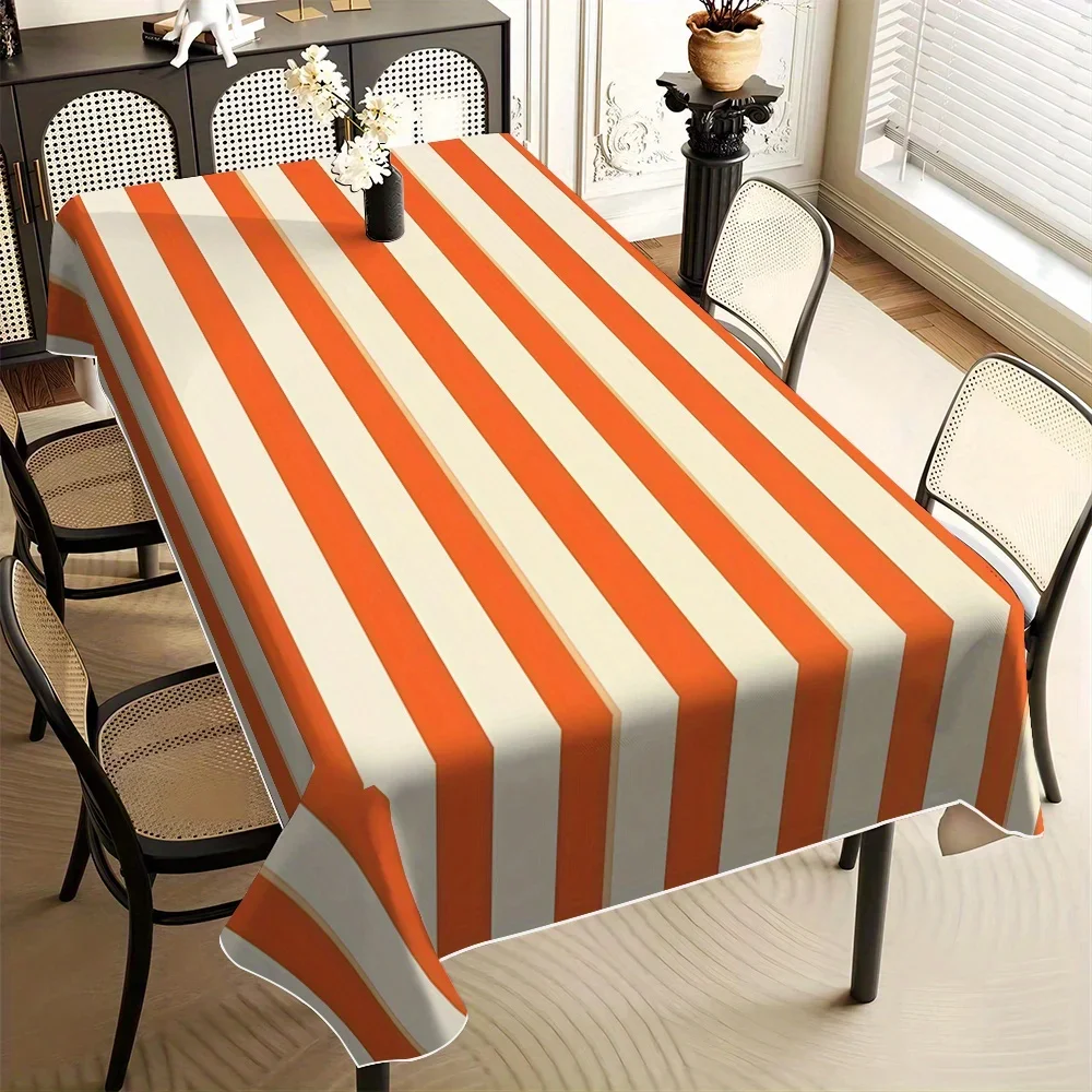 JIT 1PC printed tablecloth with orange and white stripes, featuring minimalist geometric style.yzb