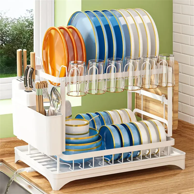 

2-Tier Dish Drying Rack, Kitchen Dish Drainer with Drainboard & Cutlery Holder, Tableware Storage Organizer for Home Kitchen