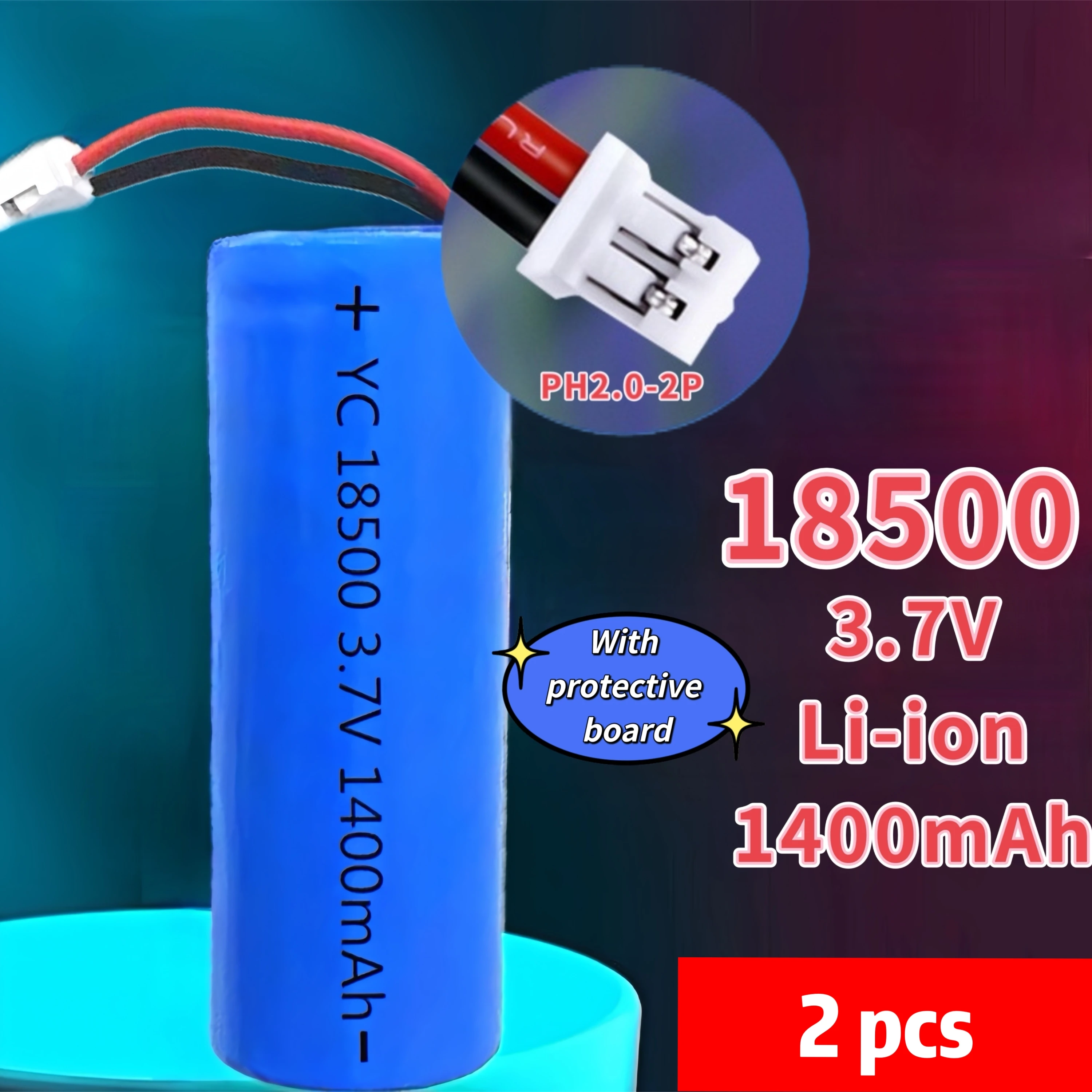 2pcs/lot 3.7V 1400mAh 18500 lithium battery suitable for remote control toys rechargeable battery with protective board cable