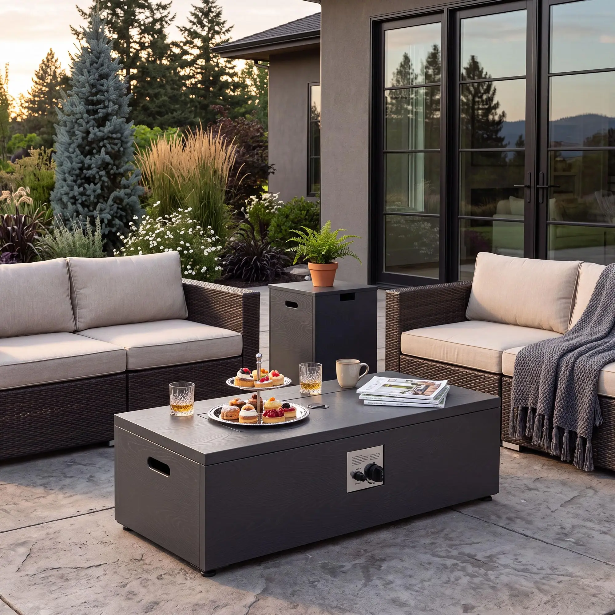 42inch Outdoor Fire Pit Table Firepit for Outside, 50,000 BTU Rectangle Metal Fire Pit with Tank Hidden Table, Wind