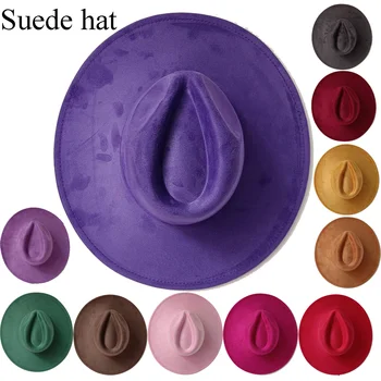 스웨이드 탑 모자 9.5cm 와이드 브림 페도라 모자 남성 여성 가을 ​​겨울 펠트 재즈 모자 클래식 교회 Fedoras Chapeau Sombrero Mujer