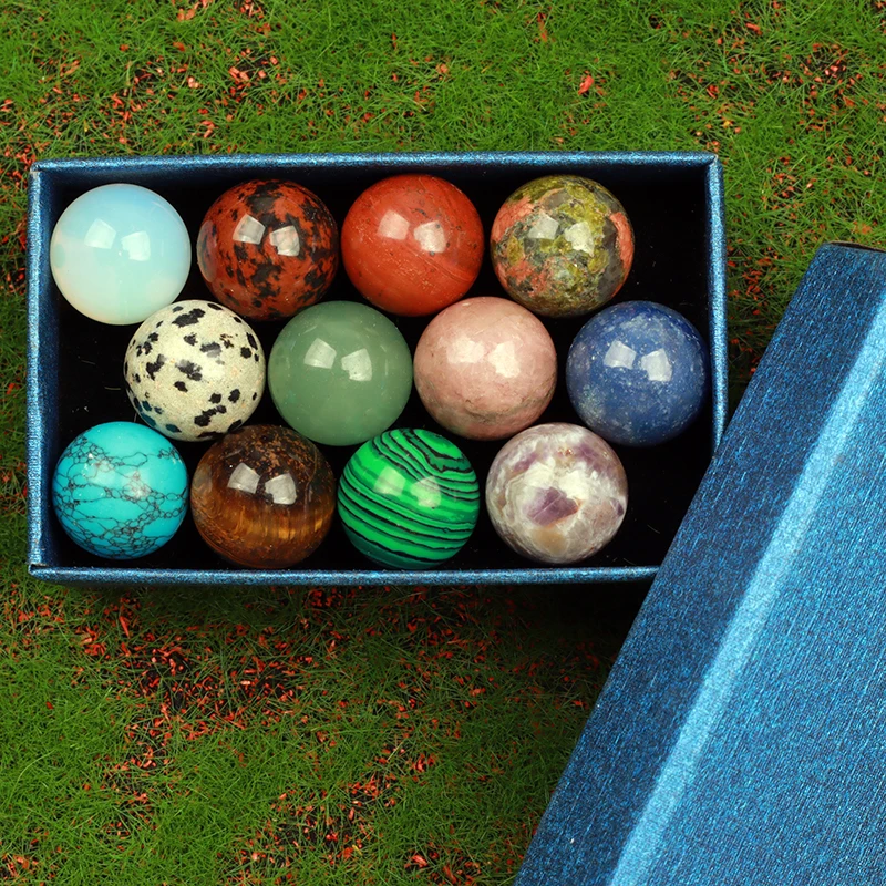 12 Random Non Repeating Crystal Gems Ball Gift Box, naturally polished Sphere Stone, Jade Quartz mixed Beads set