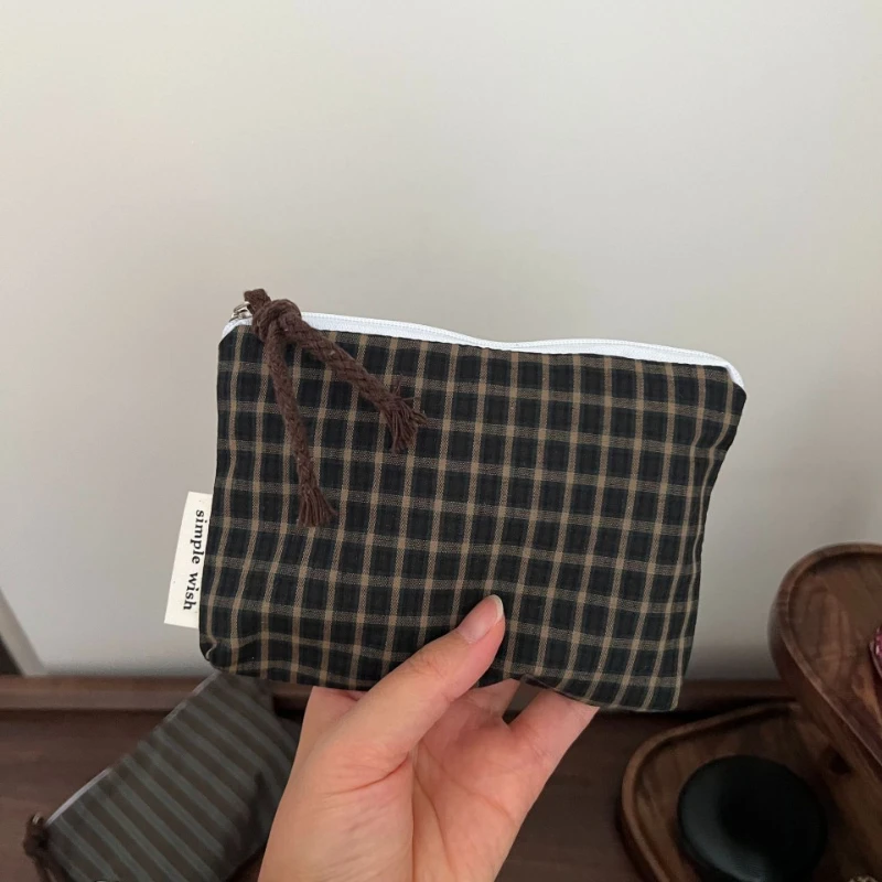 Vintage Plaid Coin Purse Korean Style Small Wallet Mini Zipper Pouch for Cash Cards Lipstick Cosmetic Organizer Bag for Women