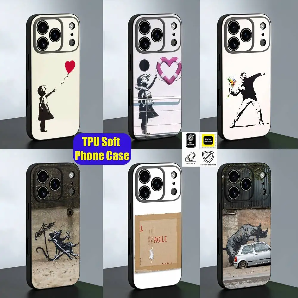 For B-Banksy Graffiti Street Artist Phone Case iPhone 15,16,12,13,14,11,17,Pro,Max,Plus,E,Air,Mini Custom Black TPU Cover