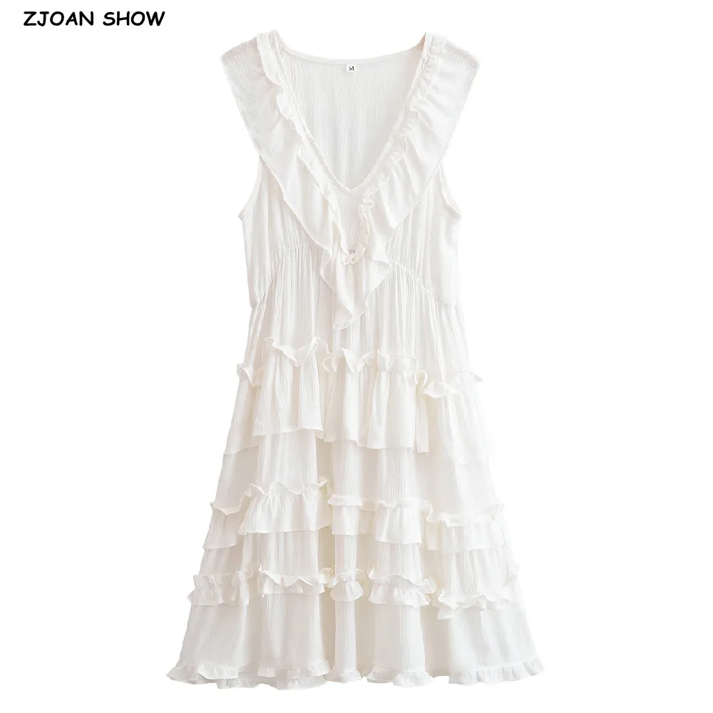 2025 BOHO Estate Bianco Nero Orecchie di legno Ruffles Scollo a V Abito senza maniche Donna Cascata allentata Orlo foderato Abiti corti Summr Robe