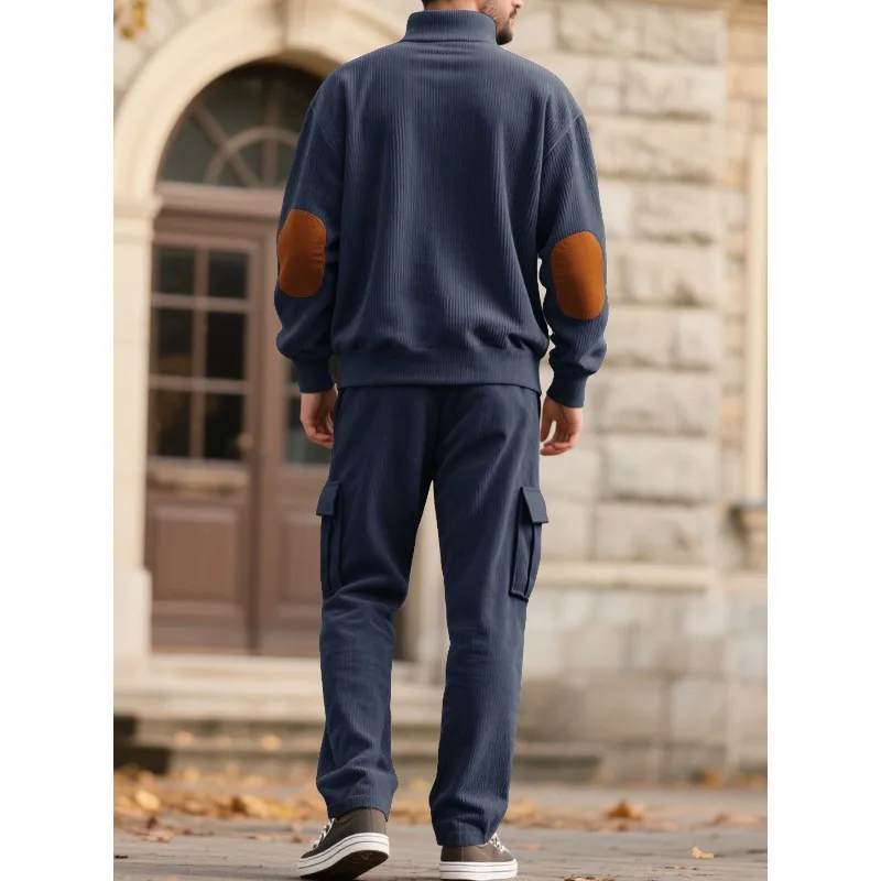 Autumn and Winter Corduroy Sweatshirts and Sweatpants fashion Stand-up Collar Access Control Pullover Work Pants Set for Men