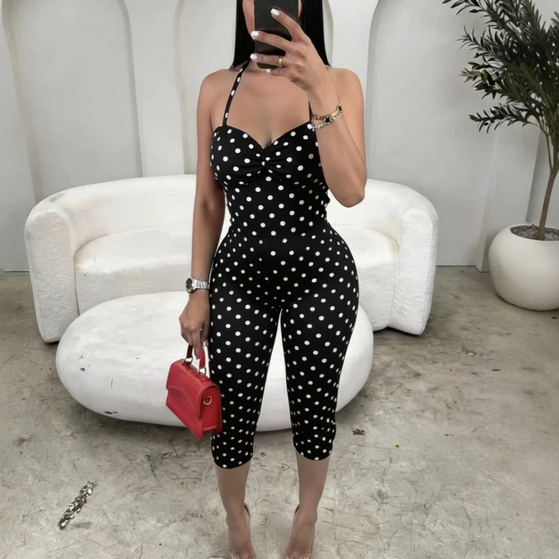 

Sexy and Fashionable Halter Polka Dot Printed Playsuit Women Backless Summer Black Jumpsuit Rompers for Women Clothing