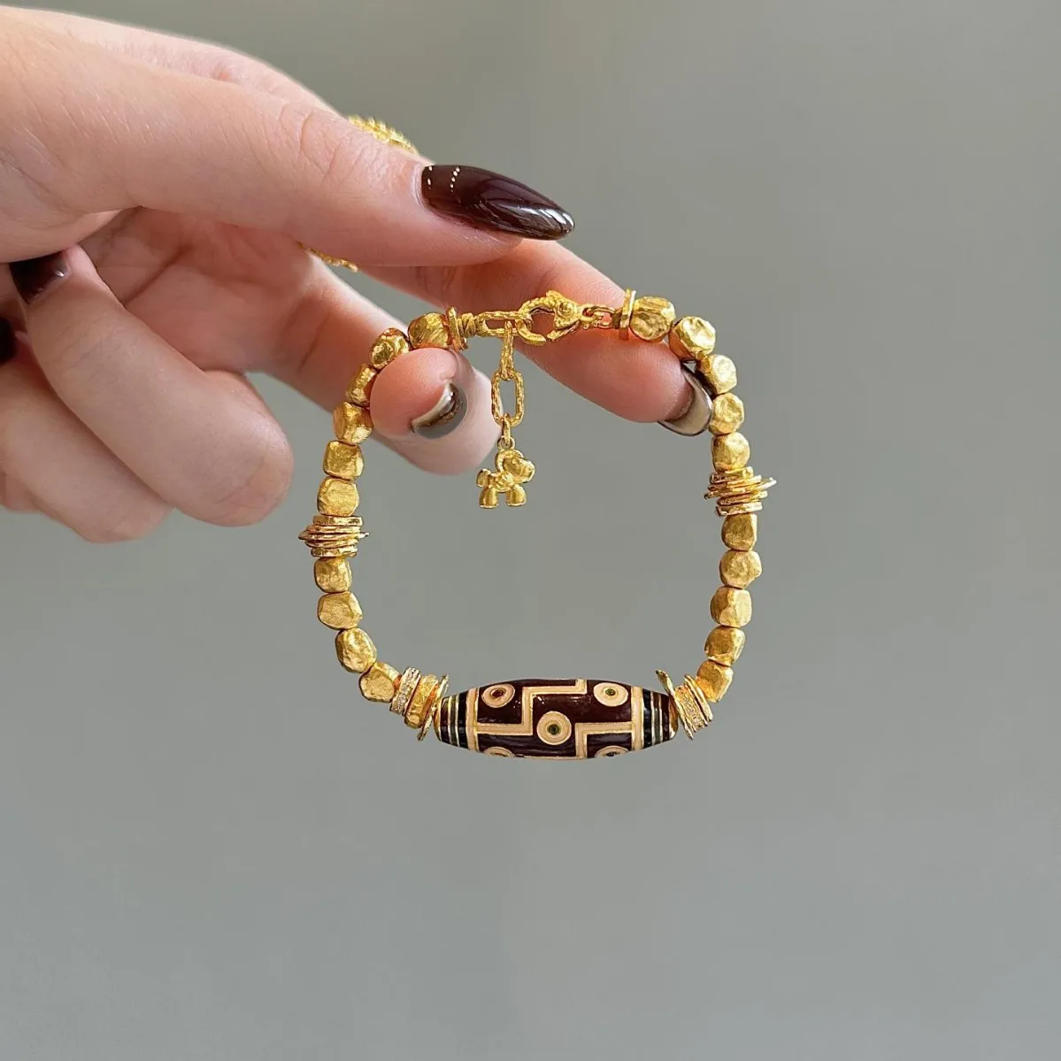 Luxury 9999 24K Solid gold certifid Dzi beads bracelet transfer beads retro accessories light luxury high-end bracelet