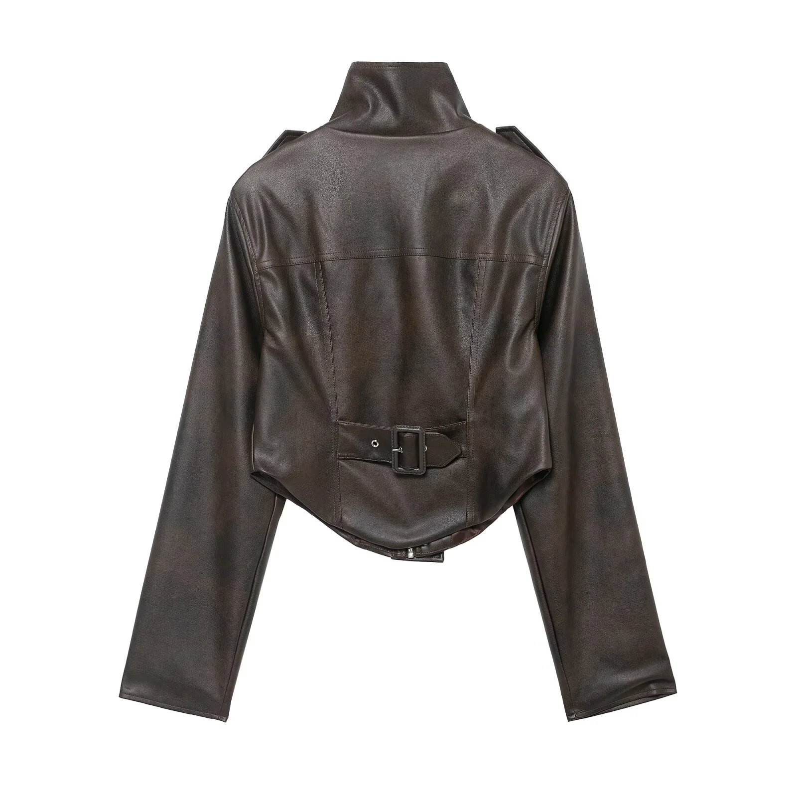 سترة نسائية قصيرة غير رسمية موضة شتاء جديدة لعام 2025 بقصة ضيقة وياقة واقفة وأكمام طويلة وسحاب من جلد البولي يوريثان