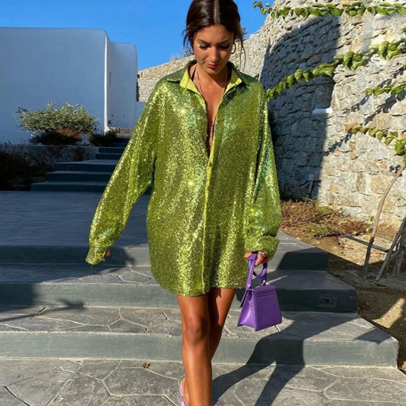

Factory Wholesale Women's Cross-border European and American Style Shiny Sequin Long Sleeve Loose Plus Size Mid-length Sequin Bl
