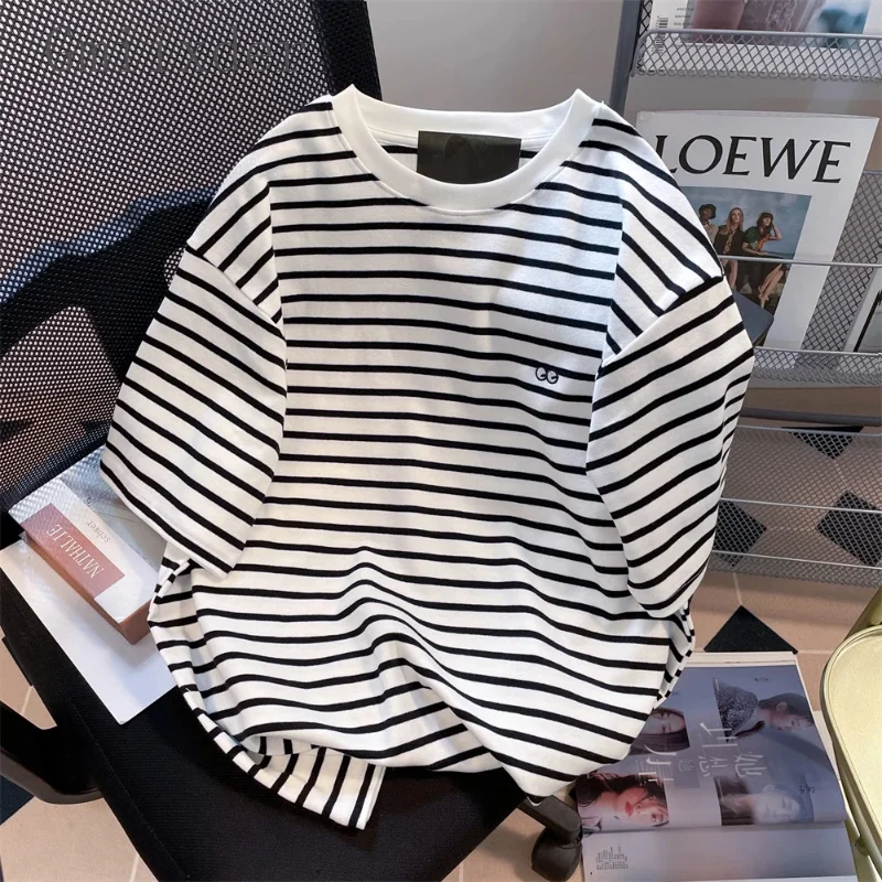 

Preppy Niche Black White Striped Top Contrasting Short Sleeved T-shirt Unisex Summer Hong Kong Style Japan Cotton