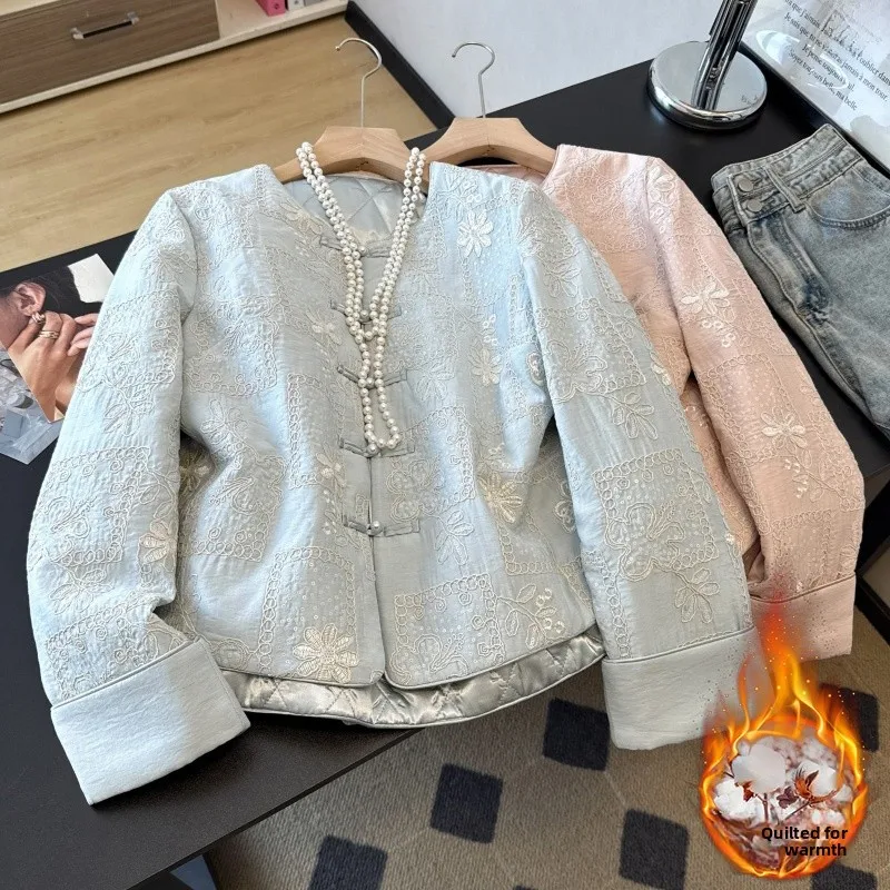 

New Chinese Sle Reformed Long Sve Cotton Jaet Knitted Heavy Work with Cotton Added Retro Floral Pattern Women's Outerwear