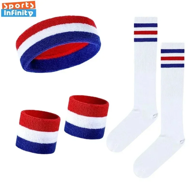 Striped Wrist Brace Hair Band Sport Socks Set Sweat-absorbing Headband Wristband Football Socks Table Tennis Wrist Band