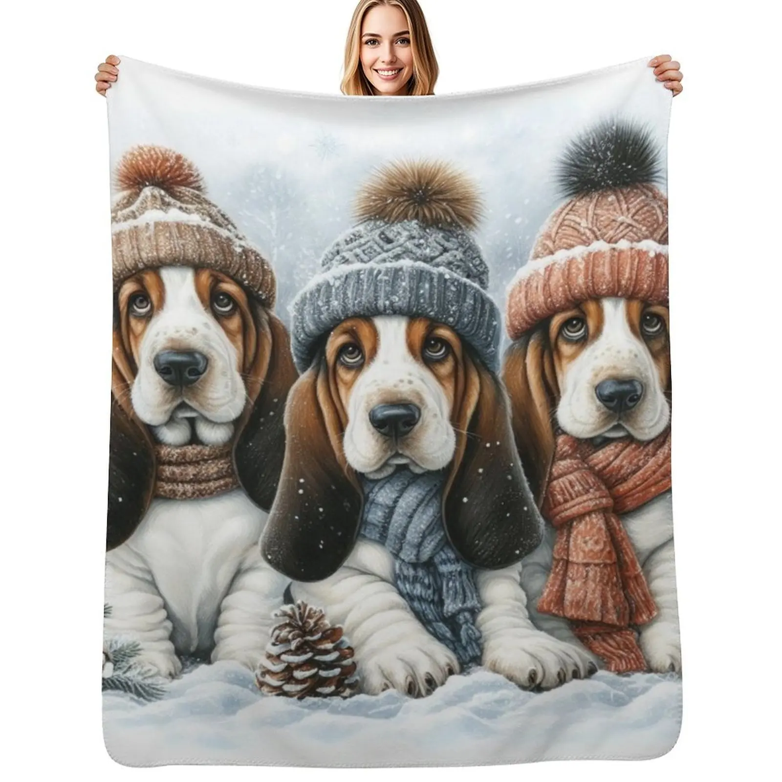 Basset Hound Puppies in Winter Hats and Scarves Throw Blanket Furrys Thins For Baby Designers Giant Sofa Blankets