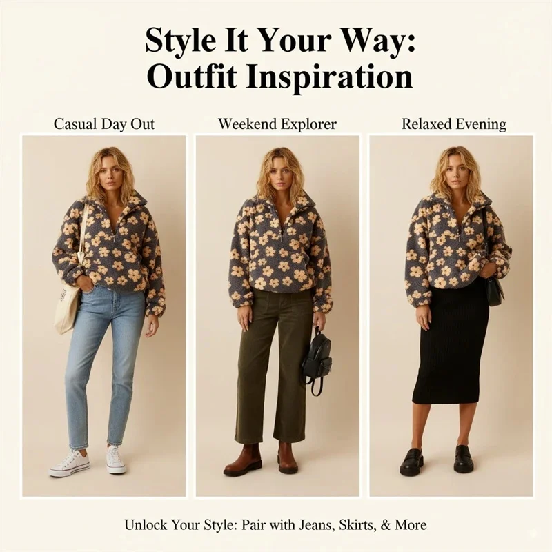 Floral Faux Shearling Pullover: Soft Fleece Half Zip Sweatshirt for Women – Casual Loose Fit with Unique Prints