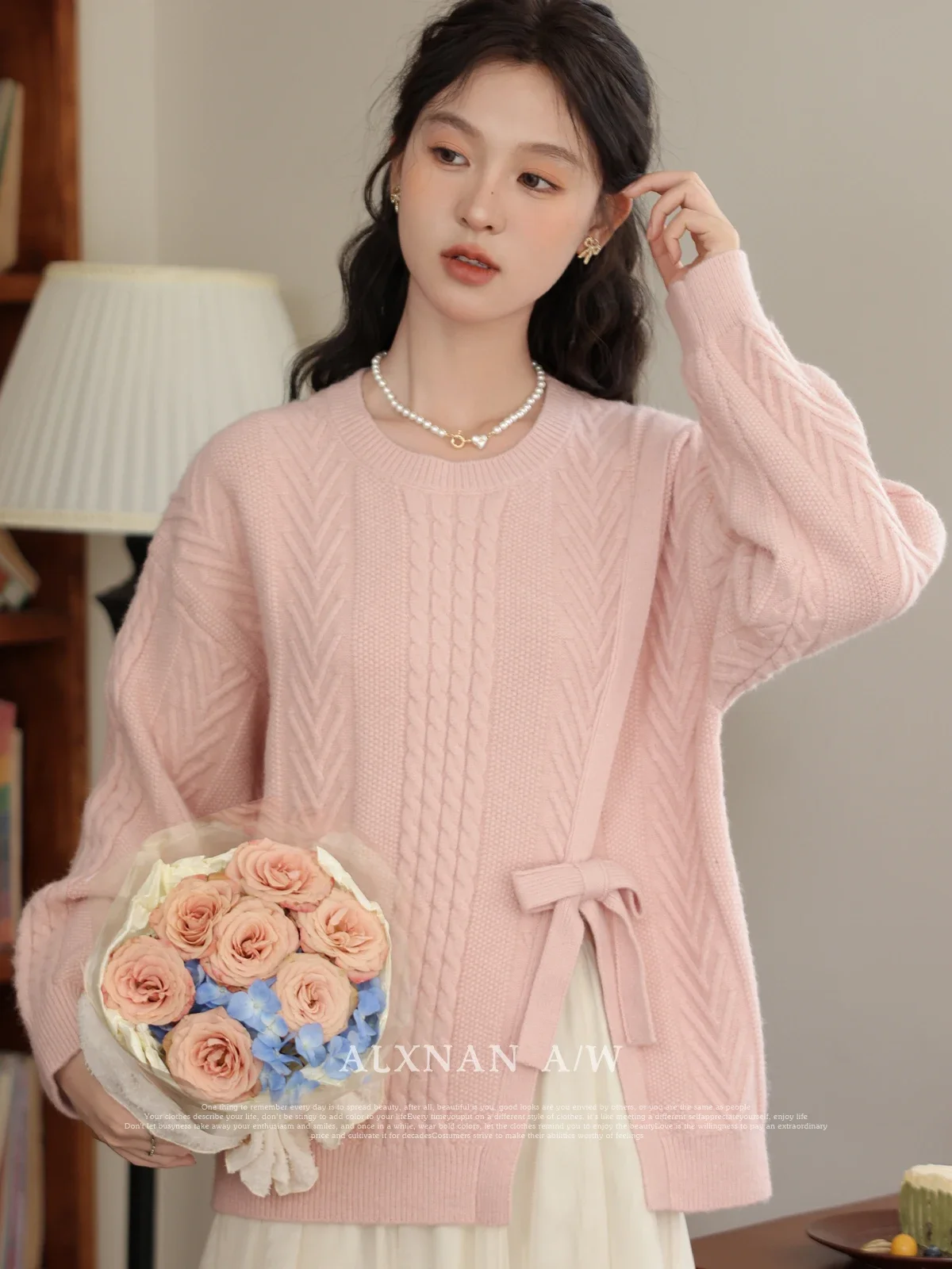 ALXNAN Round Neck Pink Knitted Sweater 2024 Autumn Winter Irregular Split Long Sleeve Knit Tops Loose Women\'s Pullovers LXN32173