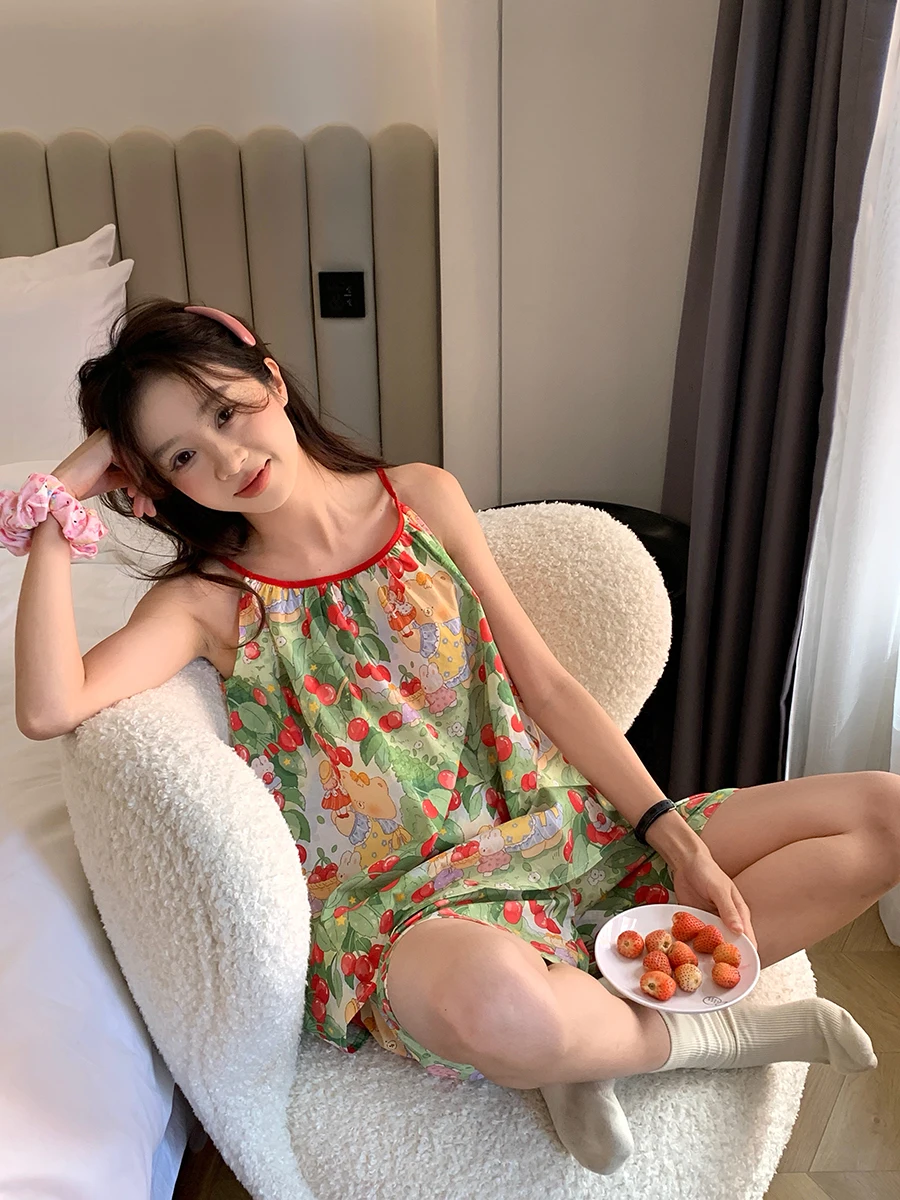 

2025 New Women's Cotton Pajamas Summer Lightweight Strap Home Clothes Set Cute Bear Country Sle Sweet Spwear Ensemble
