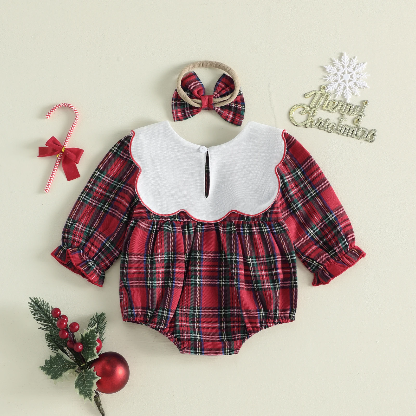 Baby Girl Christmas Bodysuits Outfit Crew Neck Long Sleeve Romper and Headband 2Pcs Xmas Costume
