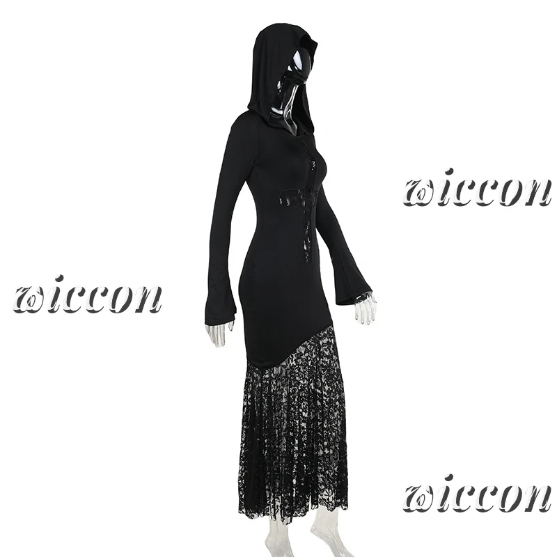 

Halloween Dark Goth Dress for Women Long Sleeve Cross Lace Patchwork Hooded Harajuku Streetwear Cosplay Outfit