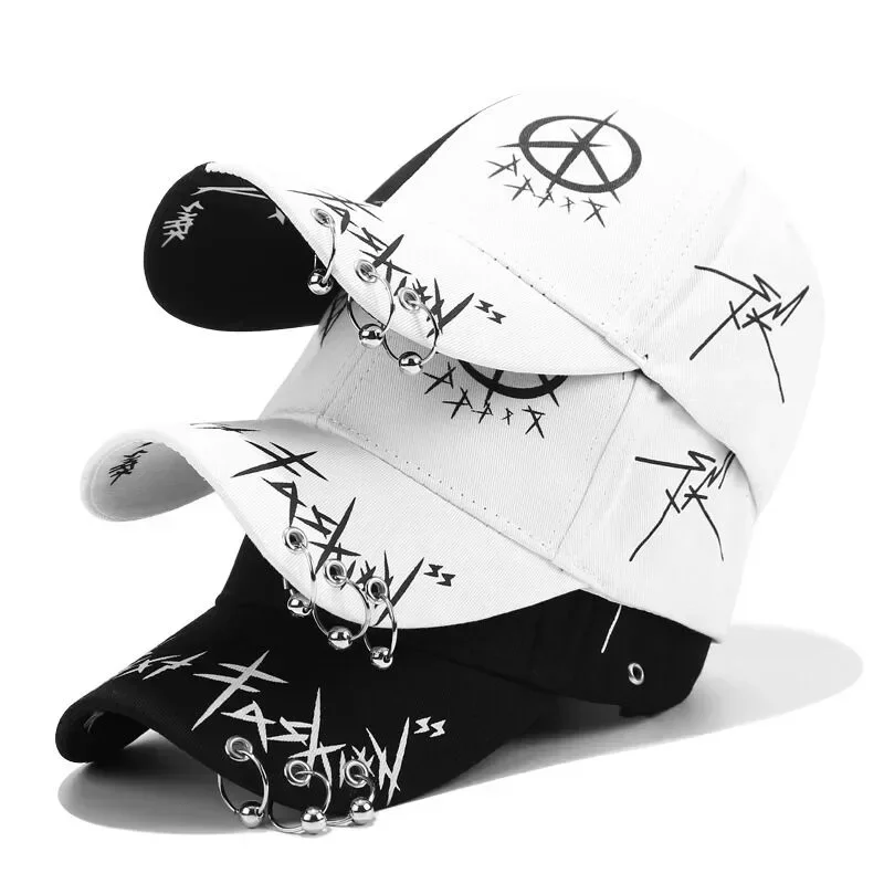 New Fashion Black and White Graffiti Baseball Cap with Ring Buckle Adjustable Soft Top Cap for Men and Women Sunscreen Hat