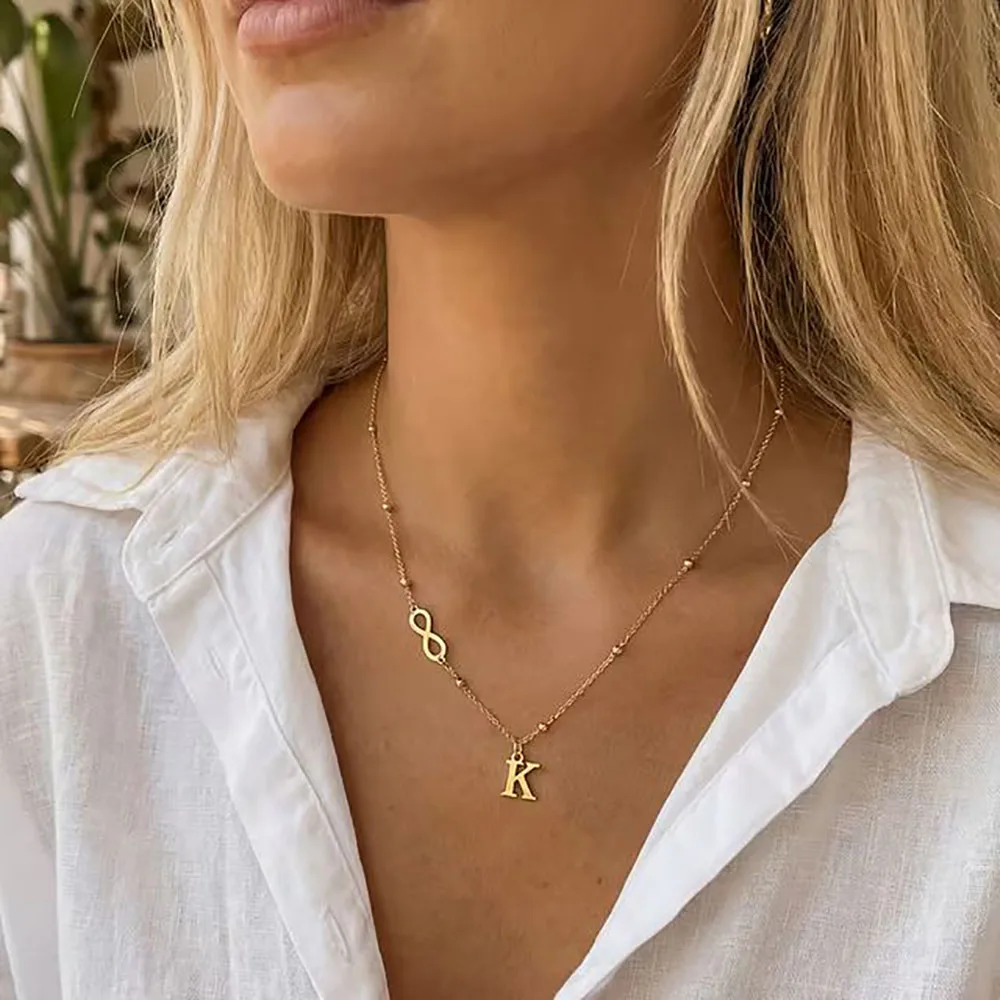 Custom Infinity Symbol Initial Letter Beaded Chain Necklace 18K Gold Plated Stainless Steel Dual Charm Pendant for Women Minimal