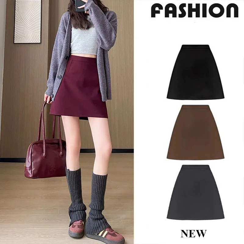 Autumn Winter Mini Skirt for Women Solid Color Versatile Thickend Woolen Skirts Korean Occupation Office Work Lady Short Skirts